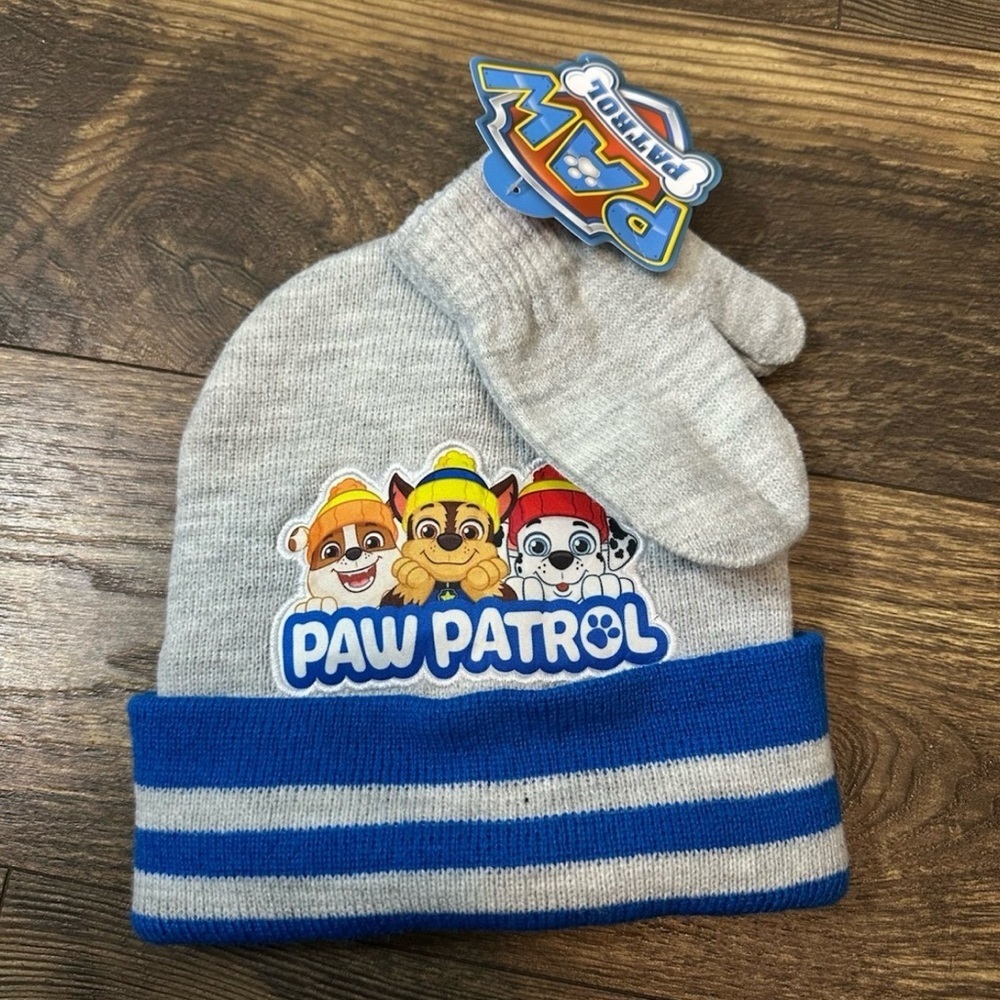 Toddler Paw Patrol Stocking Cap & Mittens Pom Pom Beanie Rubble Zuma Marshall